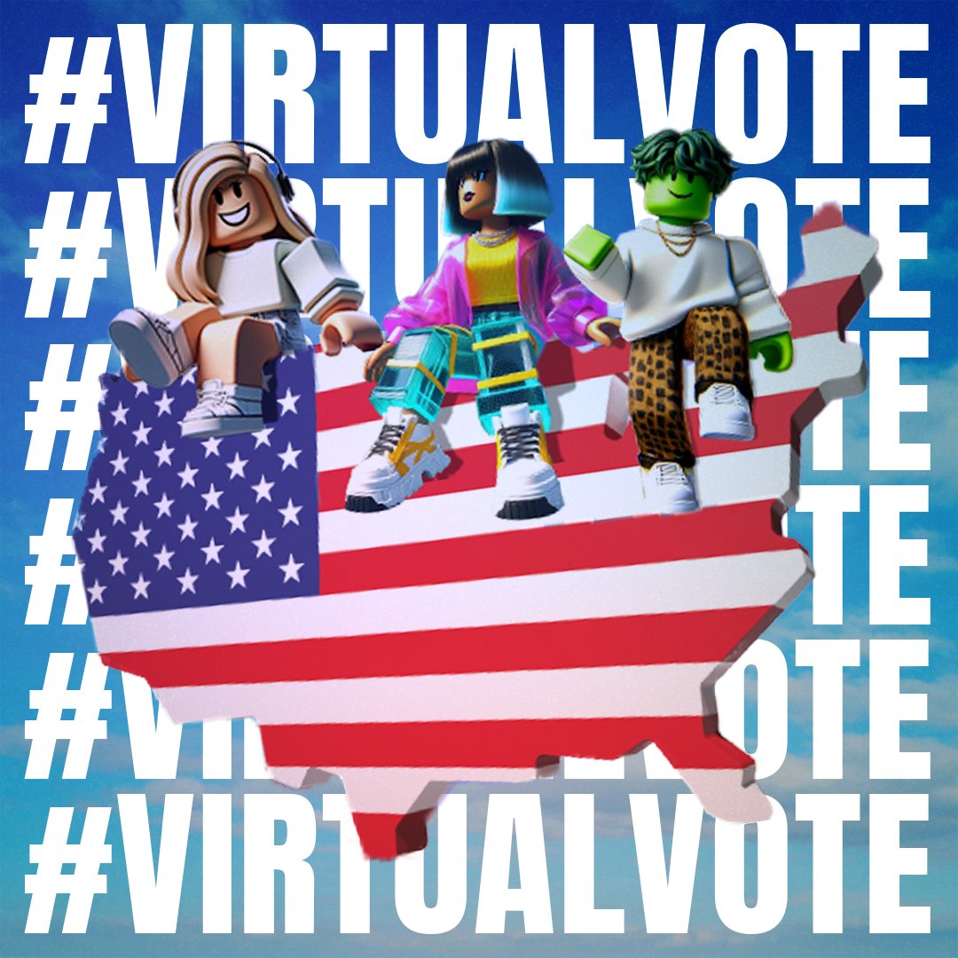 Roblox unveils Virtual Vote poster with their iconic avatars atop an American flag covered United States