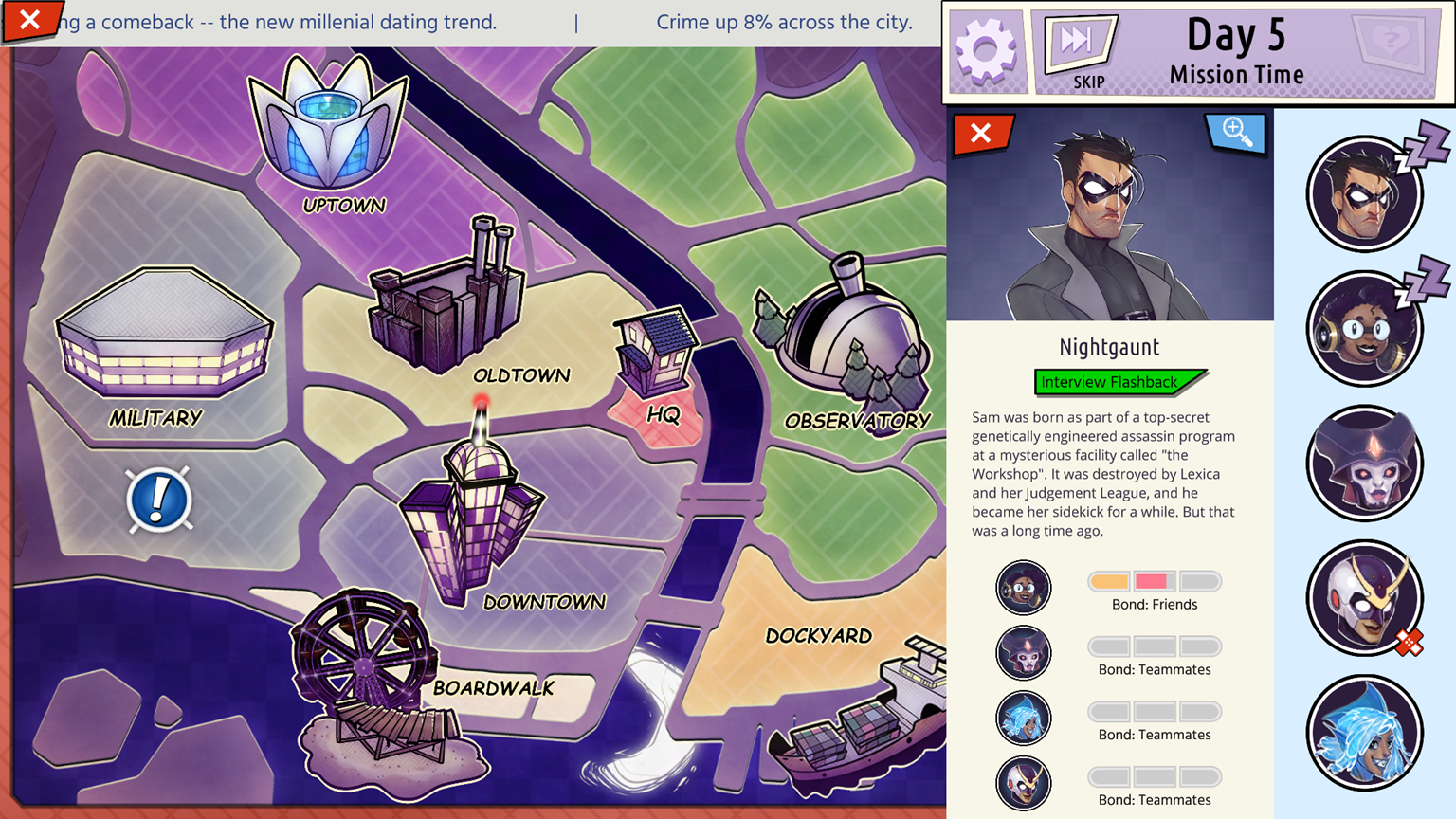 City map and bond system screenshot from Mission: It's Complicated