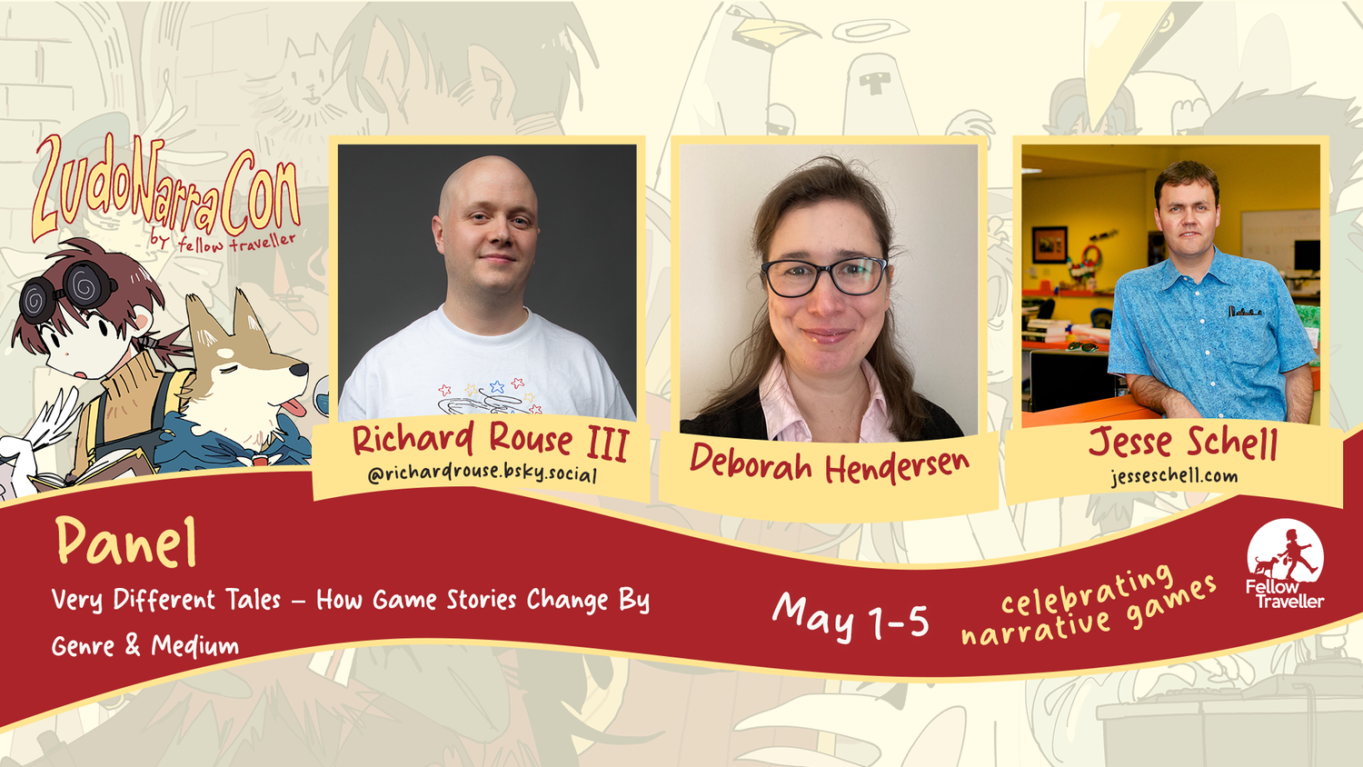 Very Different Tales graphic showing the speakers for LudoNarraCon