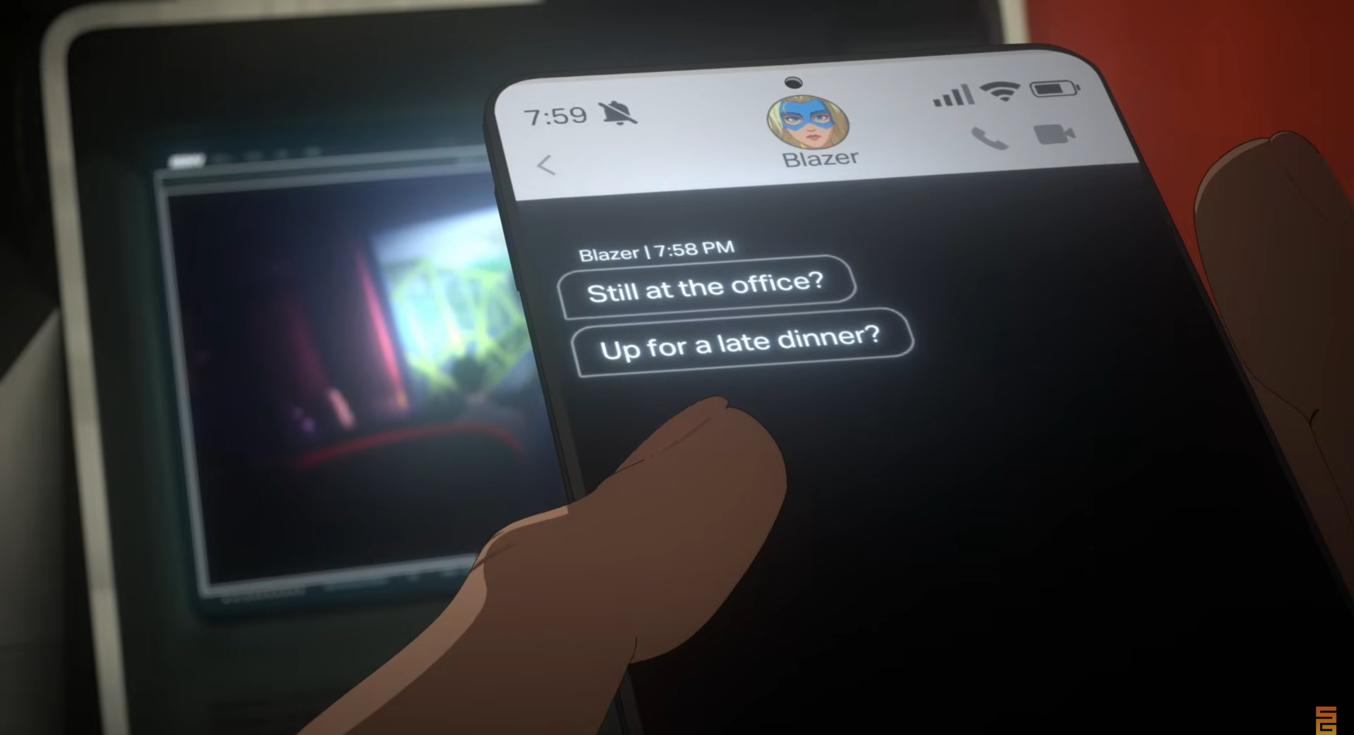 Screenshot of Blonde Blazer asking Robert to dinner in Dispatch