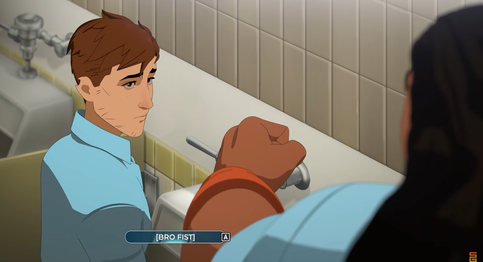 Dispatch screenshot where Robert meets Royd in the bathroom