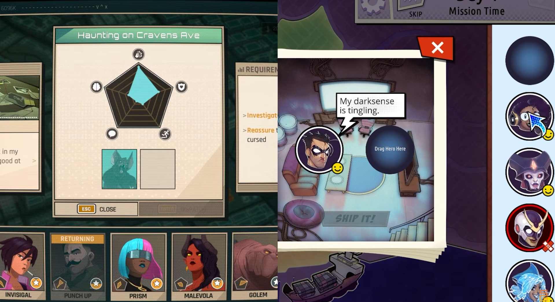 Side by side screenshots of Mission It's Complicated and Dispatch's 