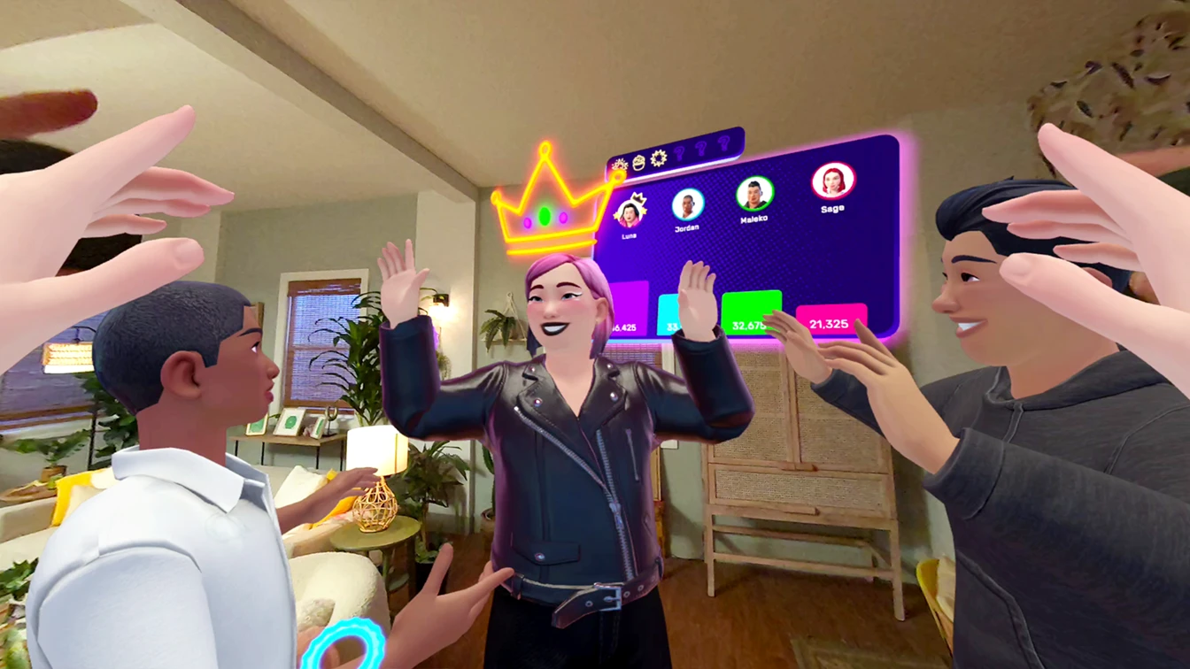 Party Versus screenshot showing the winner with a glowing crown celebrating in mixed reality