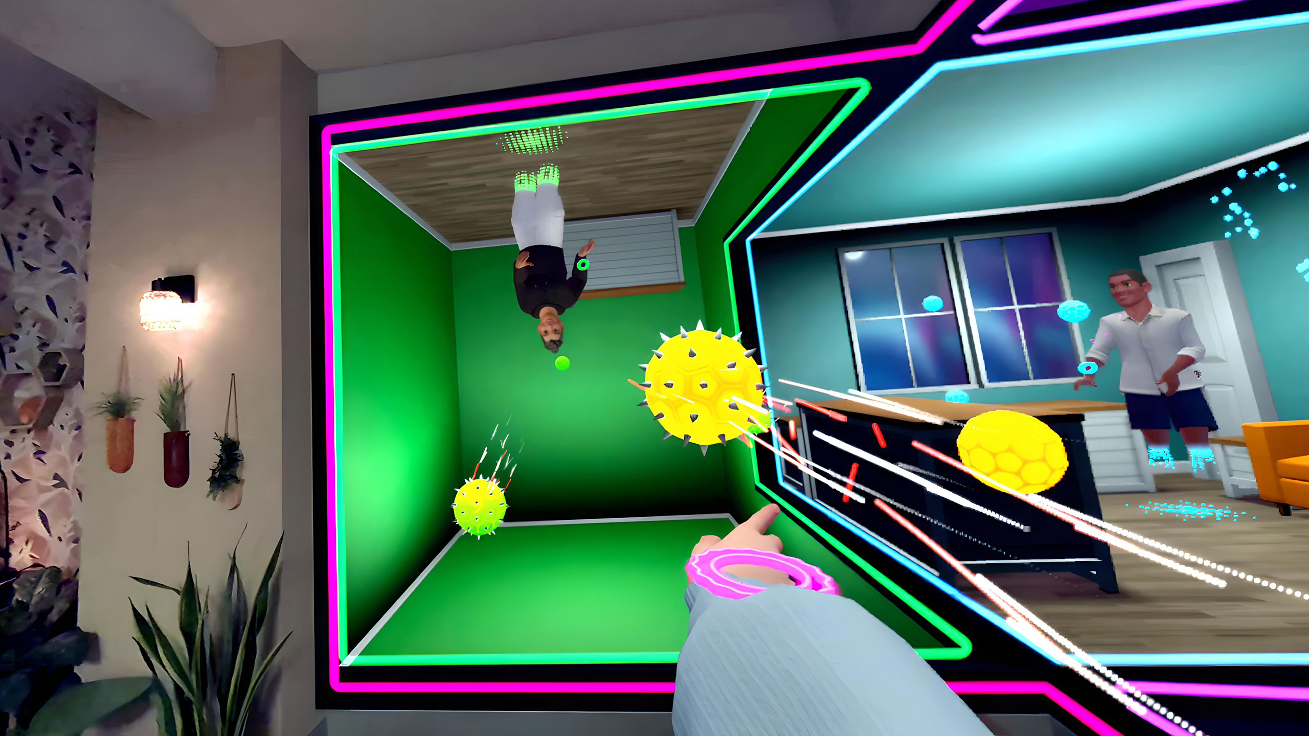 Players throwing spike-covered dodgeballs at each other in mixed reality during a Party Versus gameplay session