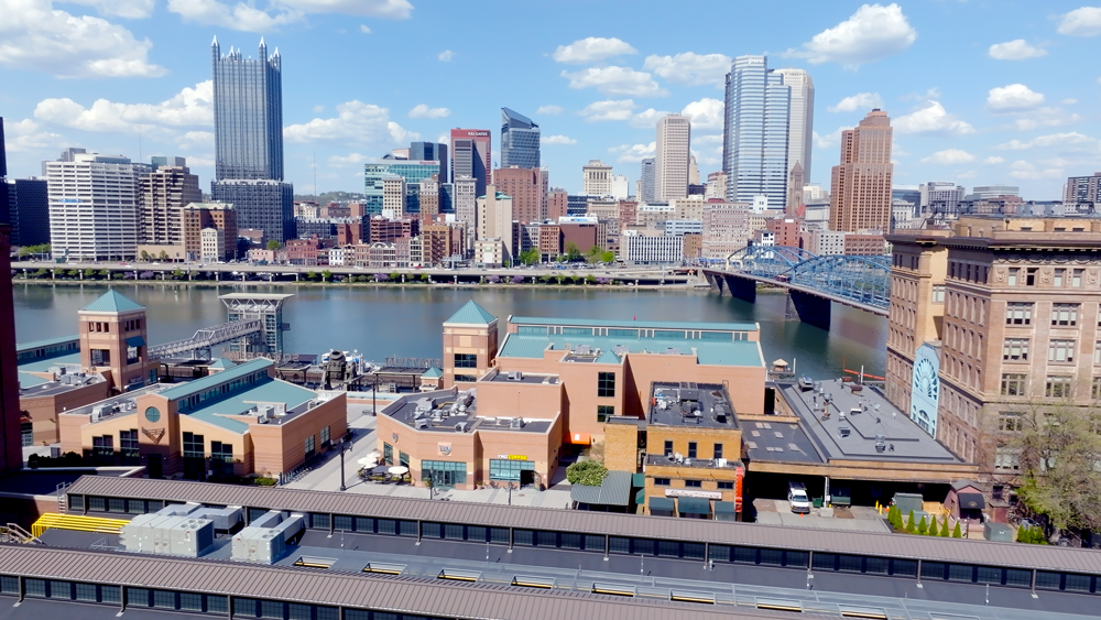 Skyline view of Pittsburgh with Schell Games in the foreground