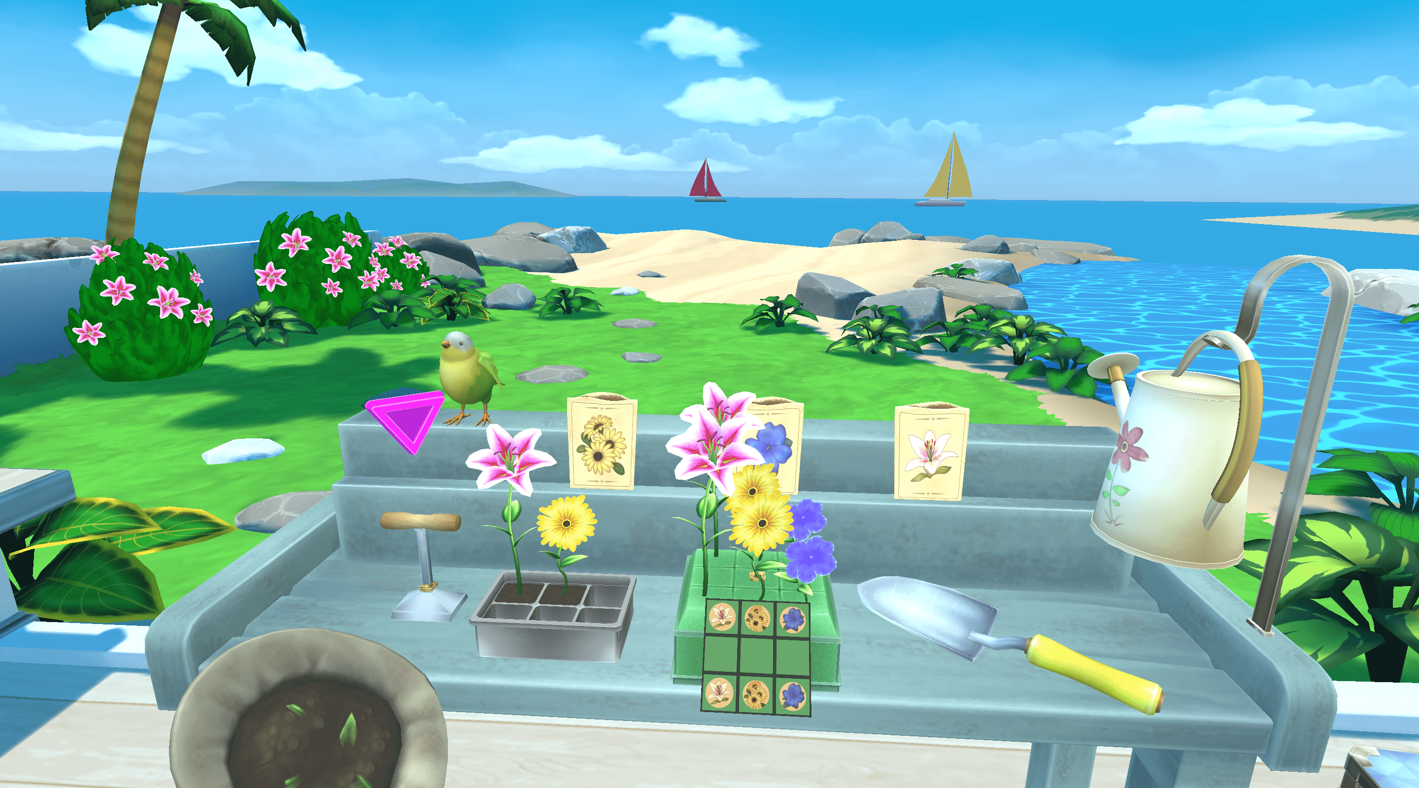 Screenshot of Pleasant Cove showing an idyllic beachside location as the player sees gardening tools and a bird in front of them
