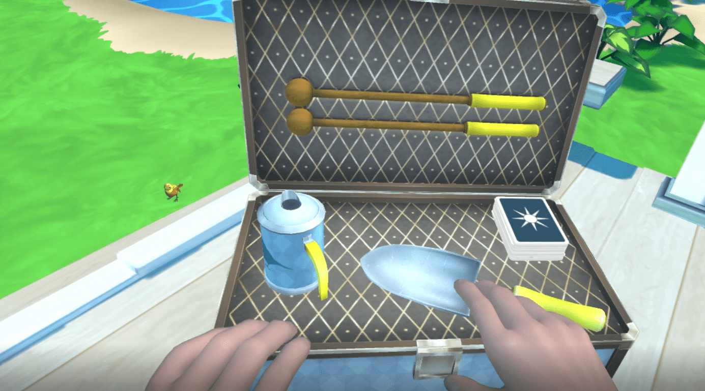 Screenshot of Pleasant Cove showing a briefcase being opened containing a spade, drumsticks and a deck of cards