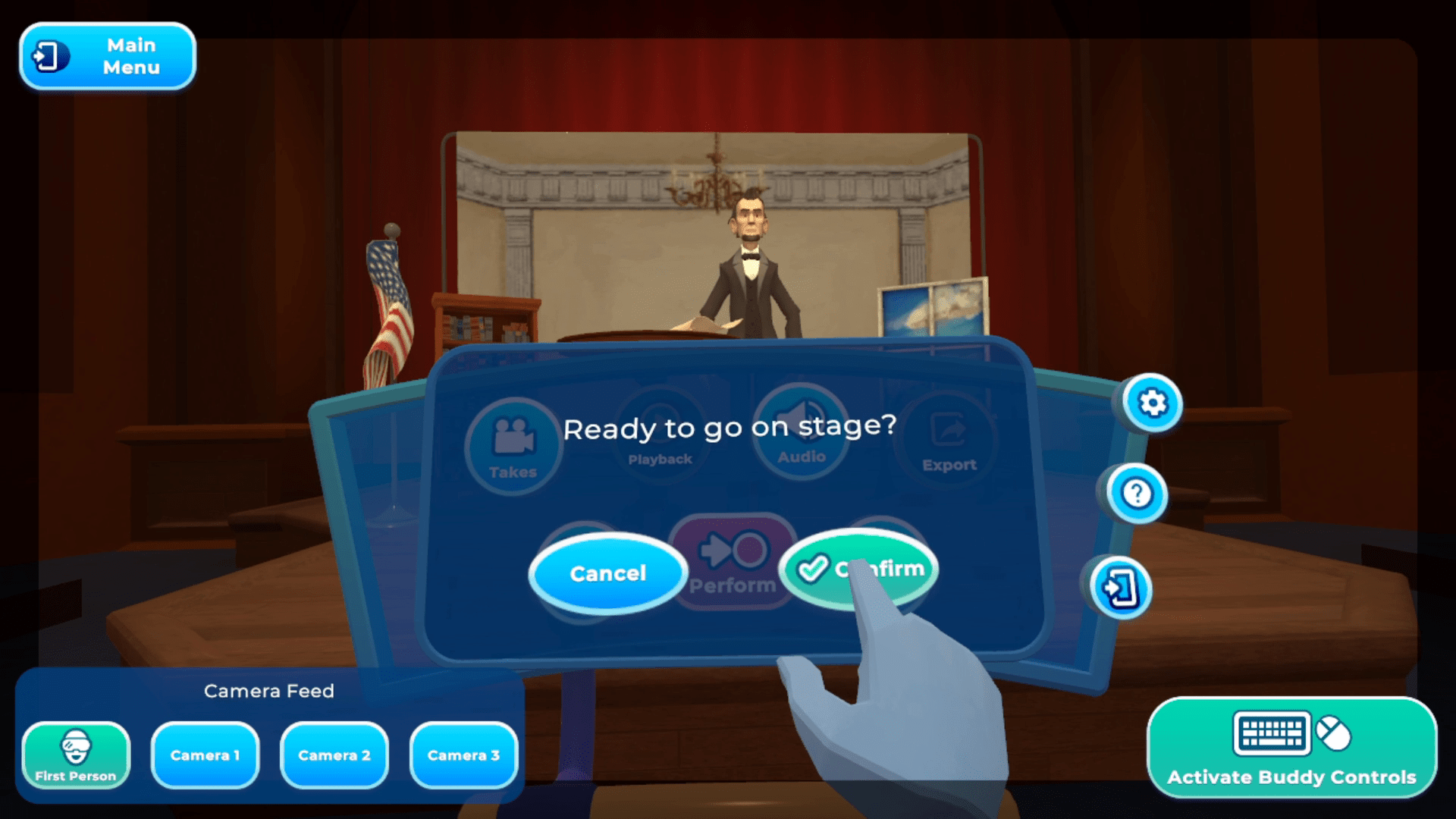 Screenshot of HistoryMaker VR showing the player setting up the virtual stage so they can deliver their speech as Abraham Lincoln