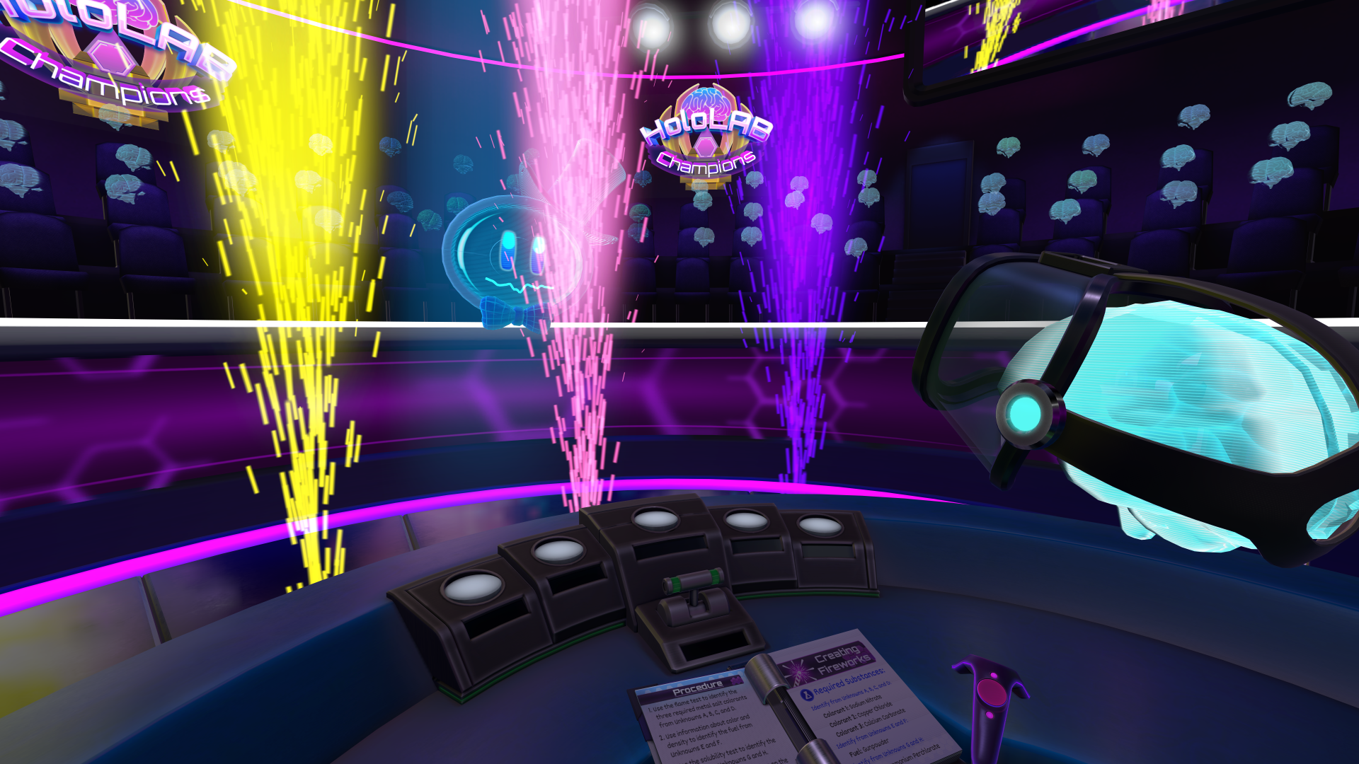 Screenshot of Schell Games' HoloLAB Champions showing a fireworks shooting off at the end of a successful experiment