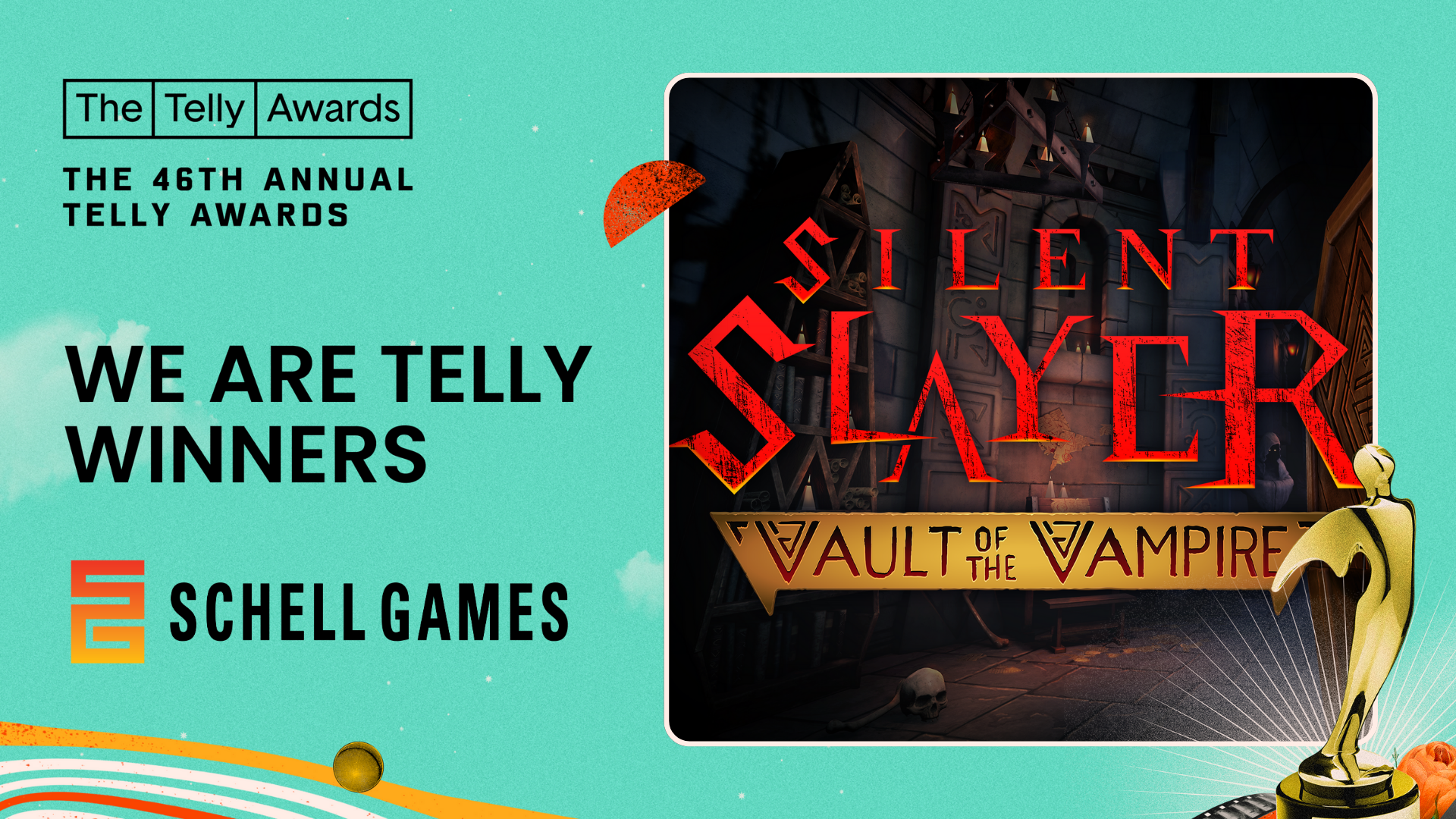 Graphic showing the cover photo of Silent Slayer accompanied by the recognition of Schell Games as Telly winners