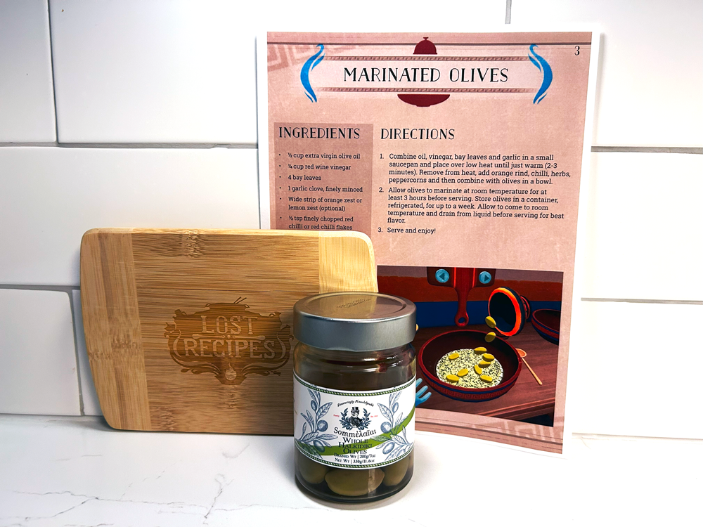 Lost Recipes promotional cutting board and recipes