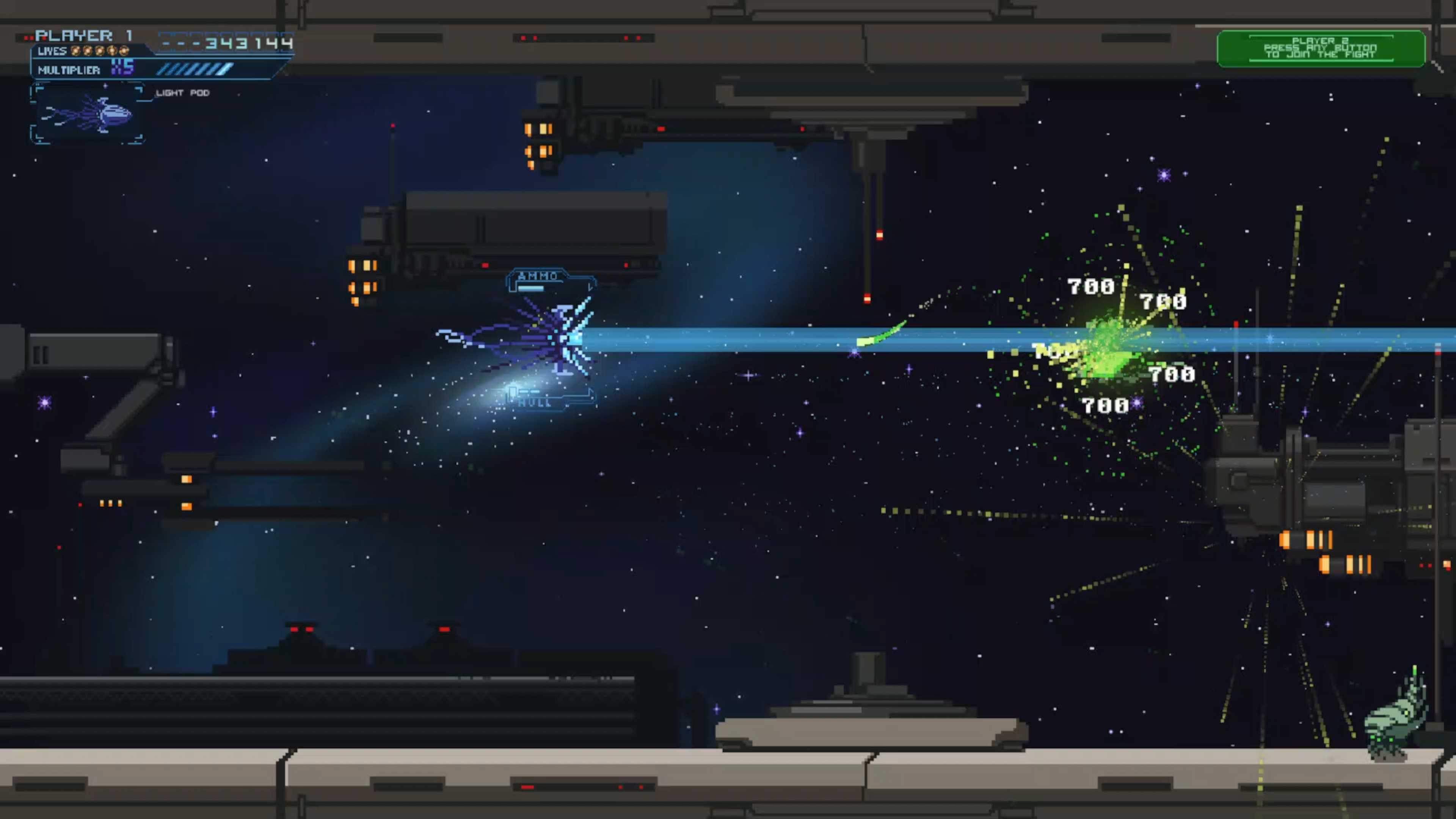 A Enemy Mind player ship firing a laser blast at an enemy