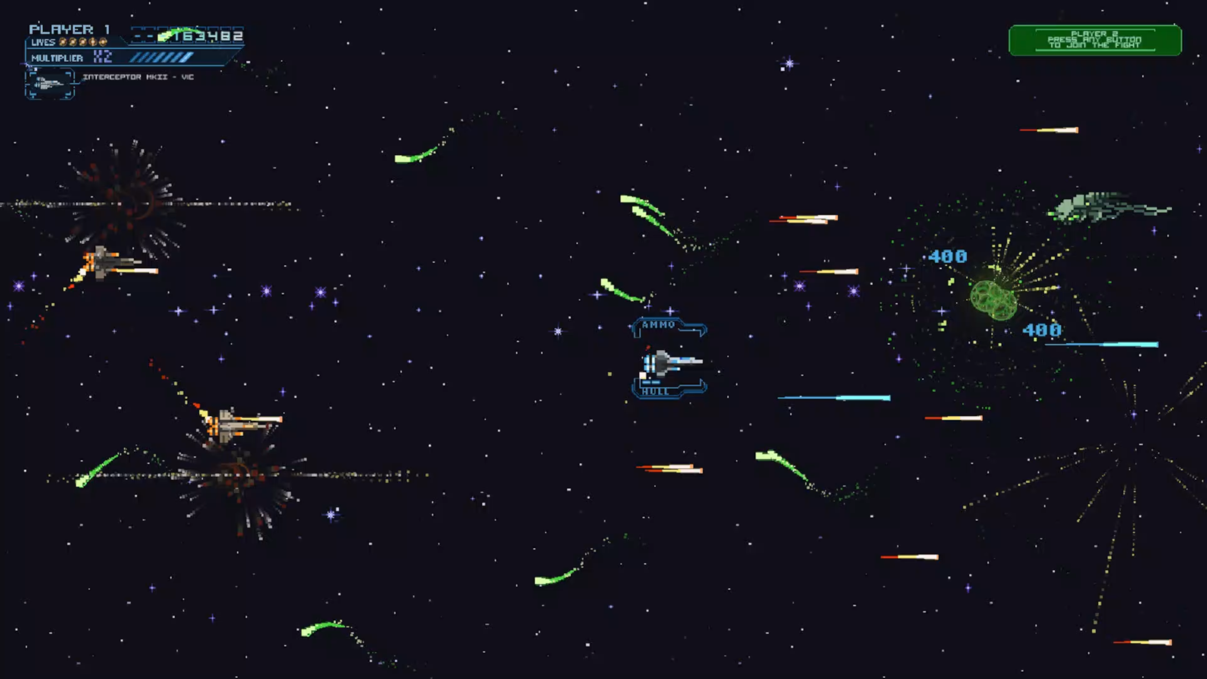 Screenshot showing the combat of Enemy Mind with ships firing projectiles from both the left and right