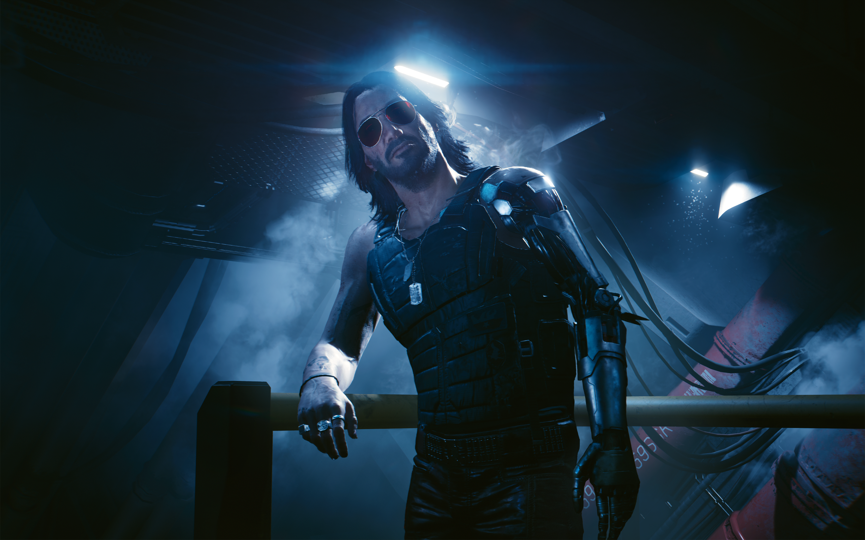 Screenshot of Keanu Reeves' character in Cyberpunk 2077