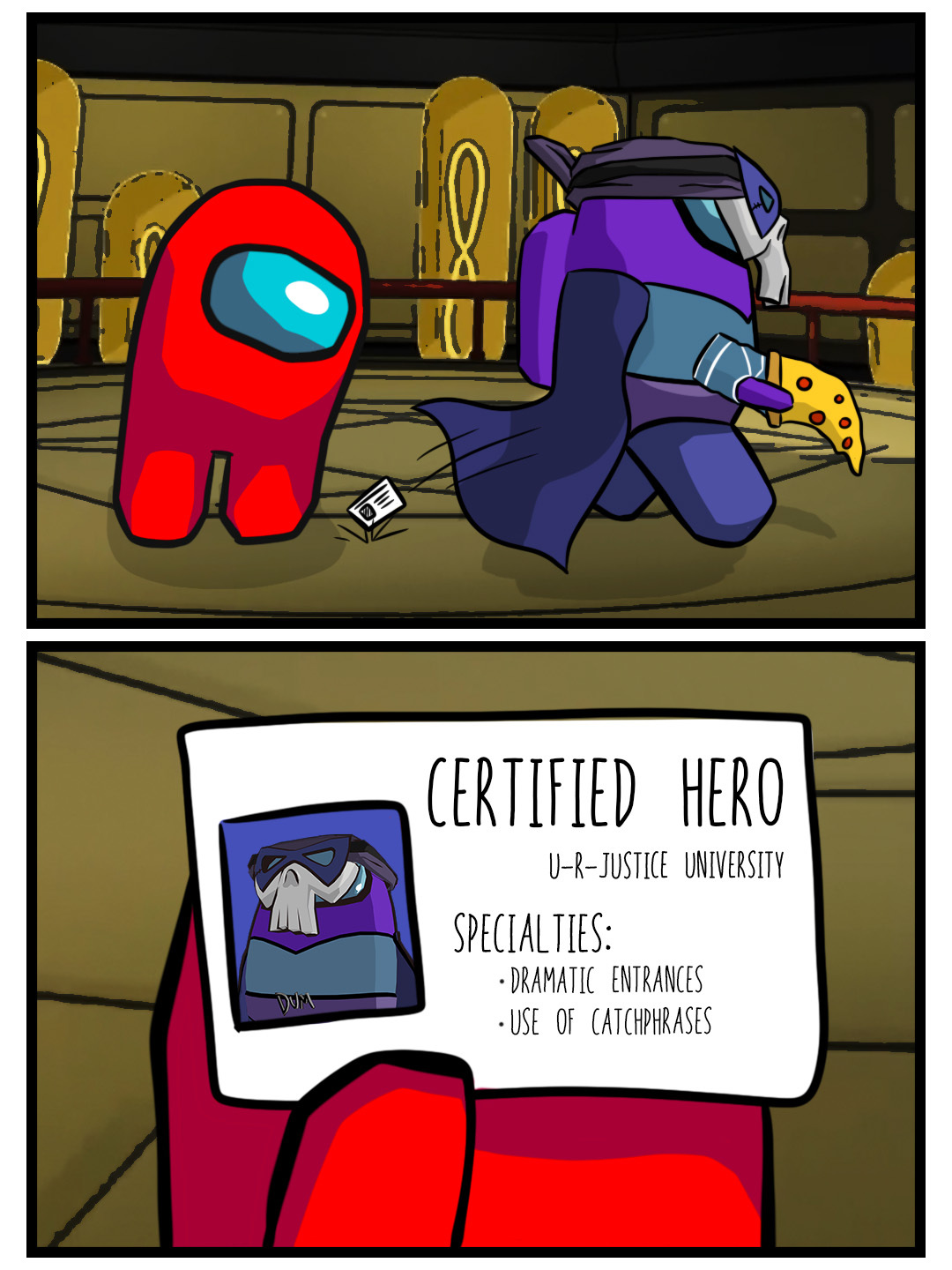 Comic of an Among Us 3D vigilante dropping a fake license that certifies them as a hero