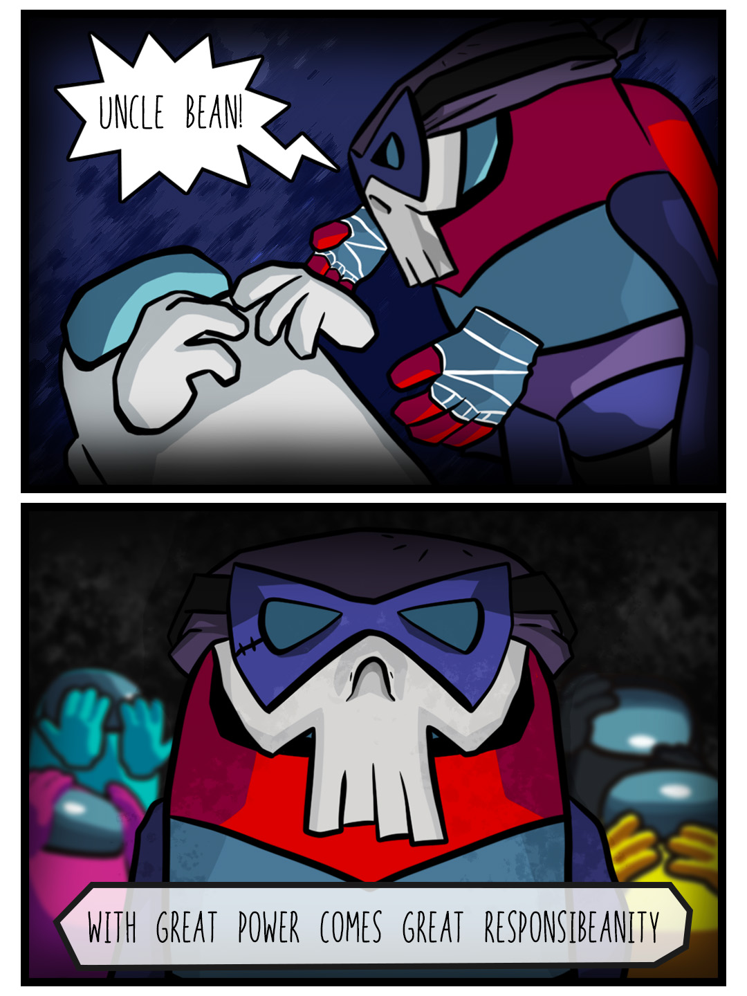 Spider-Man parody of Uncle Ben dying featuring an Among Us Bean dressed in the Vigilante costume