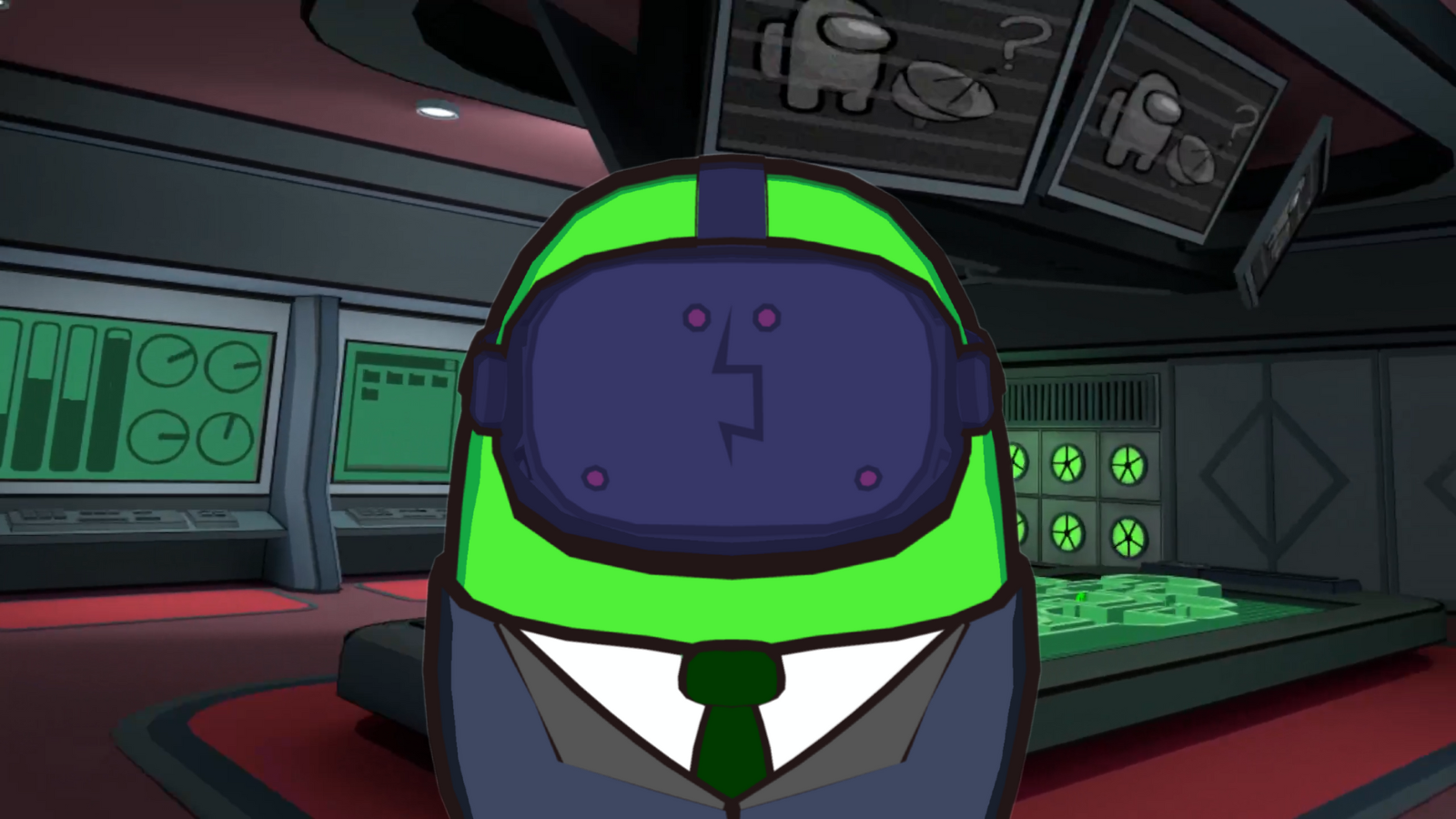 Green Among Us 3D Bean in a VR visor wearing a business suit
