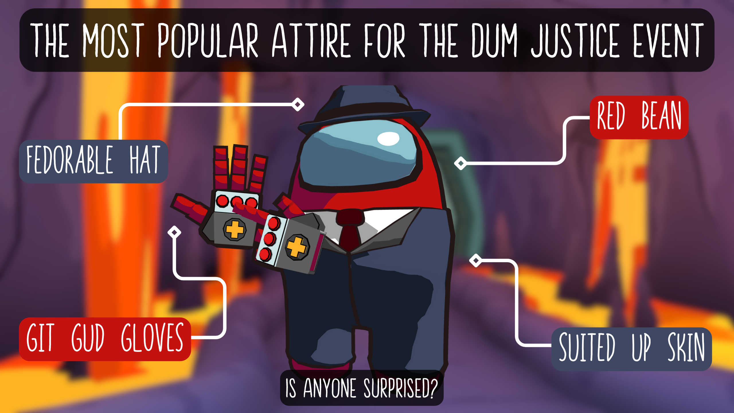 Most popular attire for Dum Justice included the fedora, Red color, git gud gloves and Suited Up skin