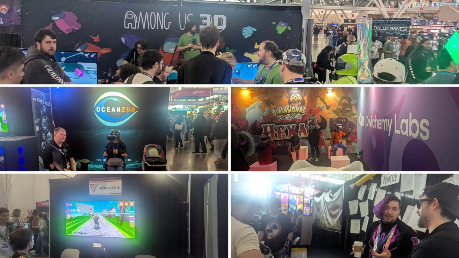 Photo collage of our Among Us 3D booth along with Oceanzus and other indie titles and booths mentioned in this article