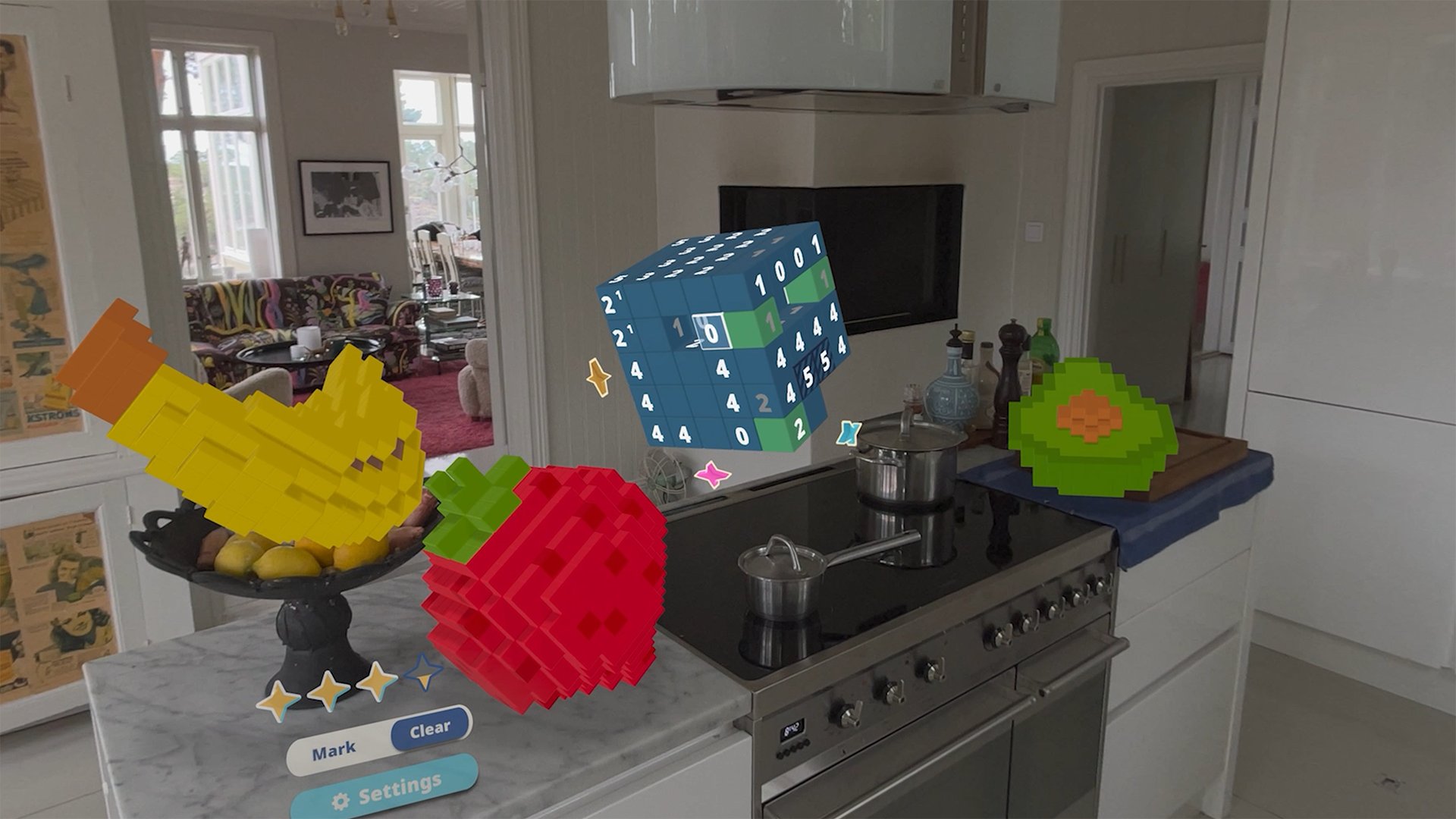 Puzzle Sculpt MR screenshot showing digital fruit items in a physical kitchen