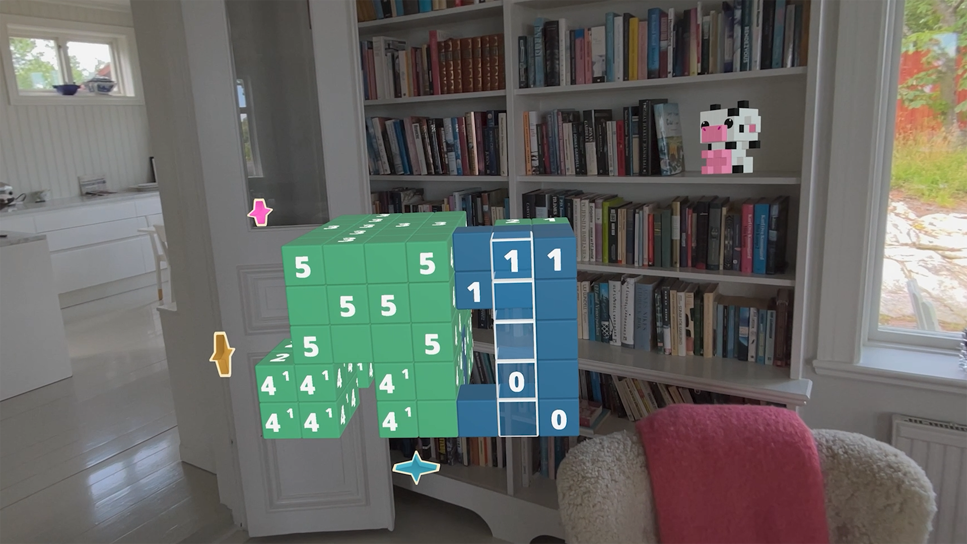 Puzzle Sculpt MR screenshot showing gameplay puzzle-solving in a physical living room