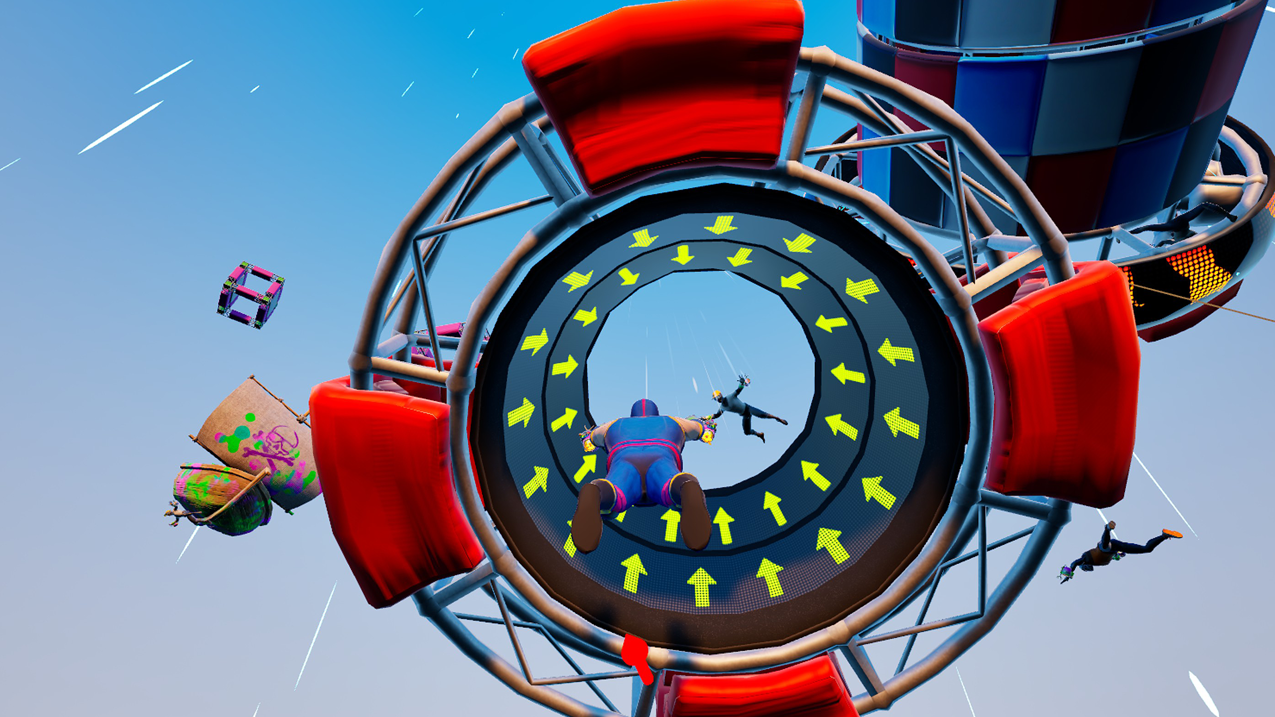 Luchador character in Project Freefall heading through a large boost