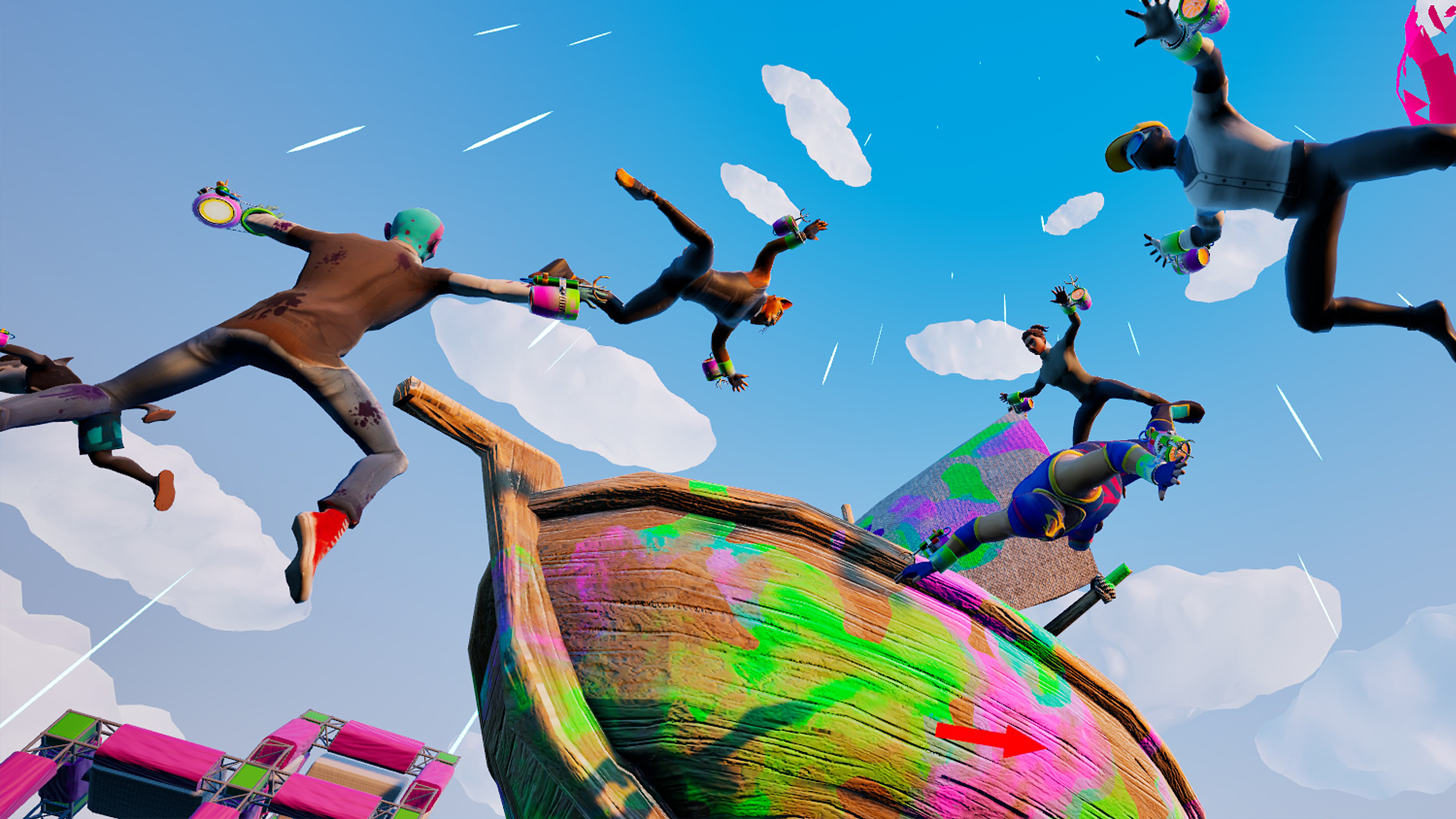 Chaotic screenshot of Project Freefall showing multiple characters, obstacles and falling