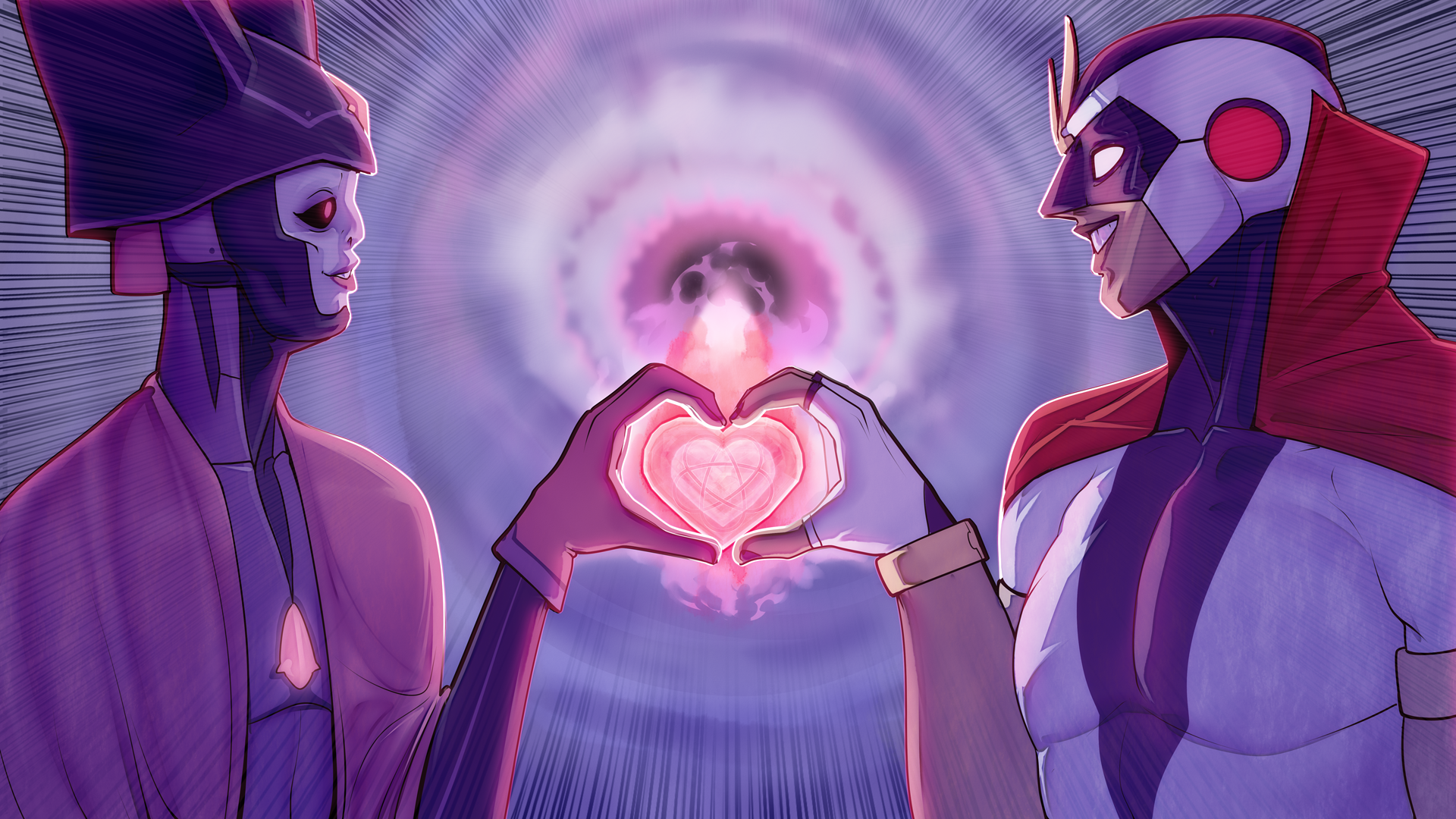 Two Mission: It's Complicated characters meet and form a heart with their hands