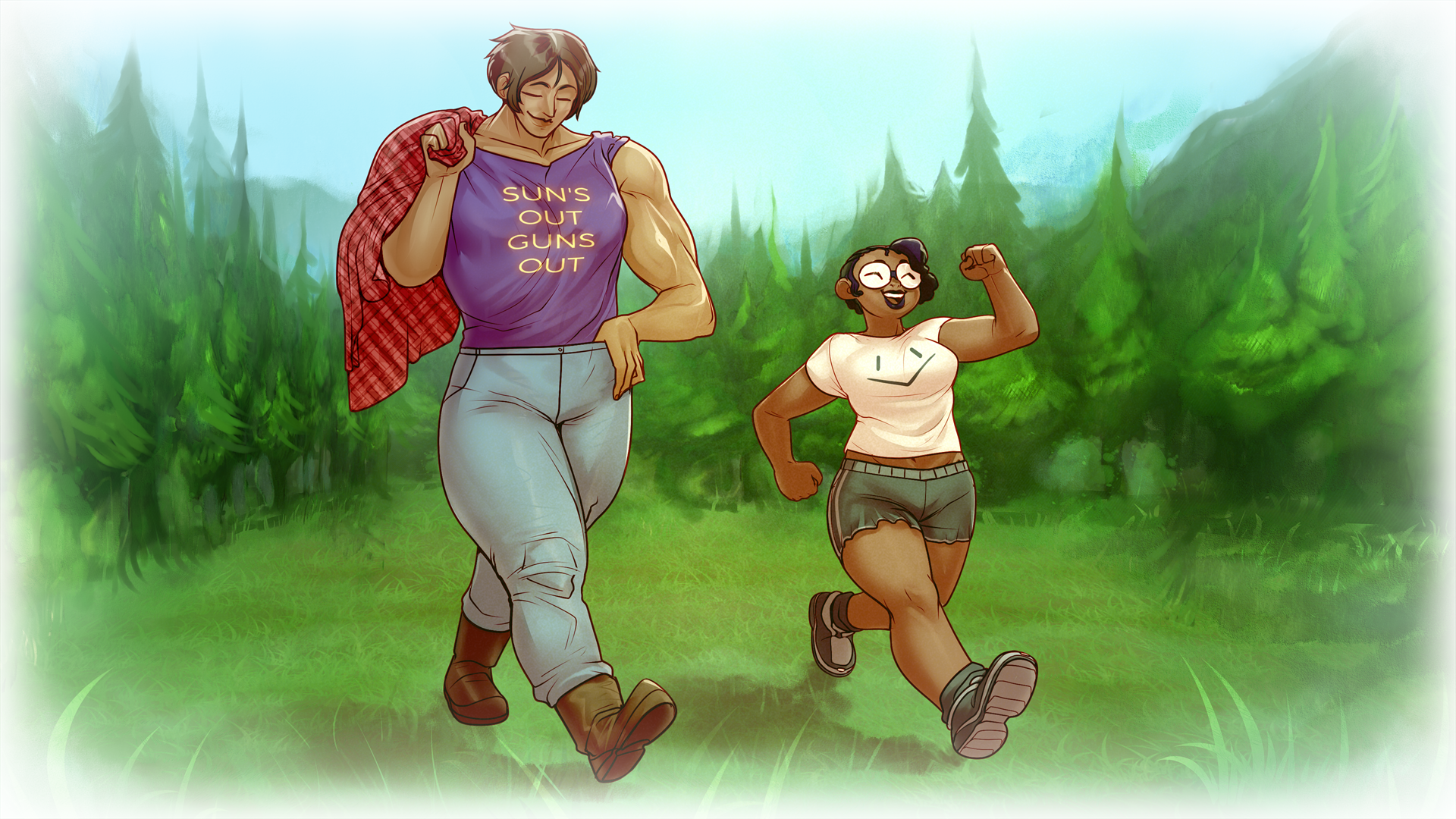 Two superheroes smiling and walking in a park on a date in Mission: It's Complicated