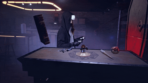 Mixed Reality moment of gameplay from Silent Slayer as a player opens a coffin revealing a vampire